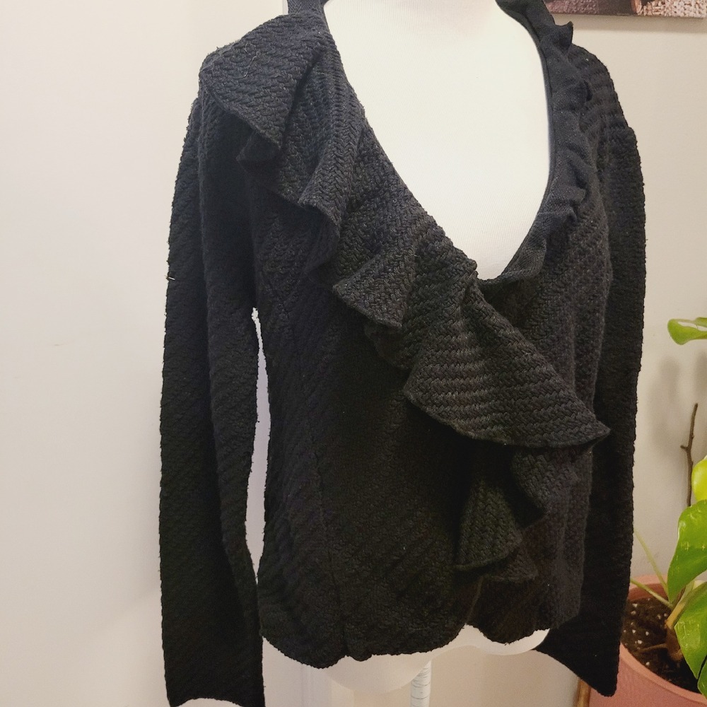 Willow Anthropologie Black Ruffle Trim Jacket Textured Knit Button Up XL Blazer‎